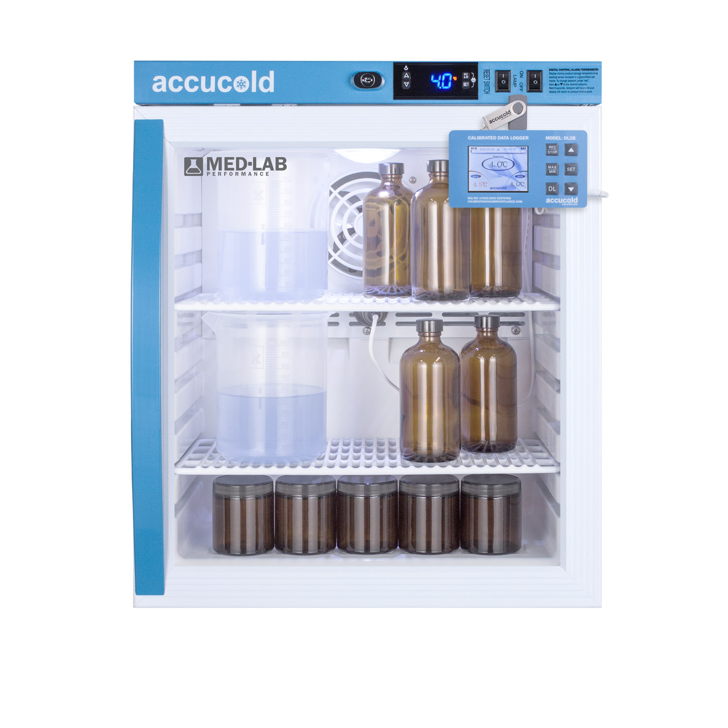 Performance series Med-Lab 1 cu.ft. compact glass door all-refrigerator for laboratory storage with factory-installed data logger, antimicrobial silver-ion handle, and hospital grade cord with 'green dot' plug